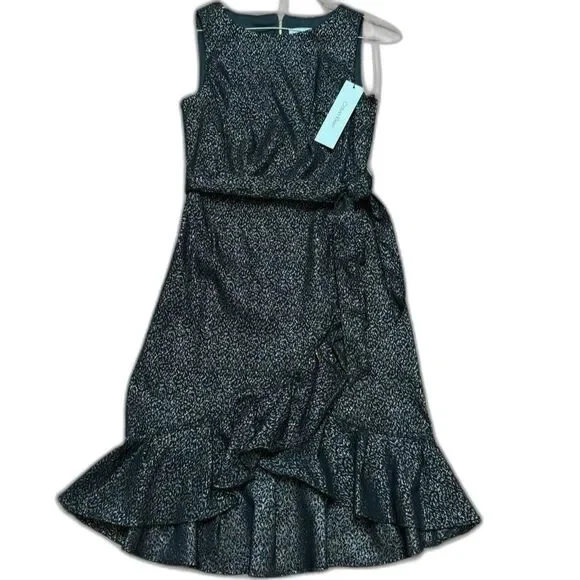 Calvin Klein Faux Wrap Dress Black Metallic Ruffle Hem Stretch Dress Sz 6 NWT - Picture 1 of 11
